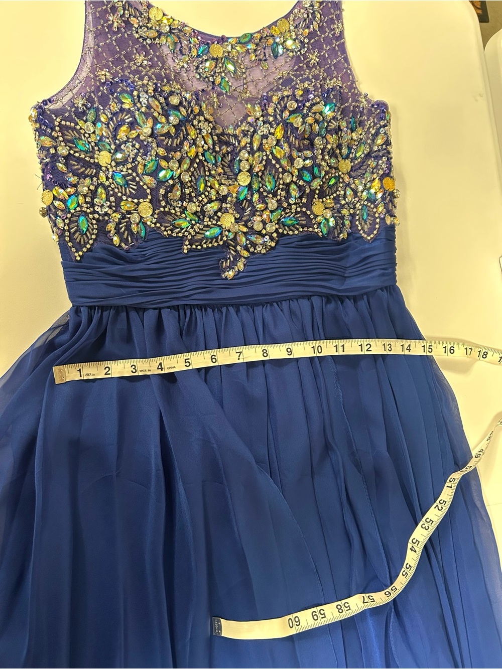 Lets Fashion Blue Beaded Formal Dress Embellished Bodice Chiffon Prom Gown M - Picture 11 of 12
